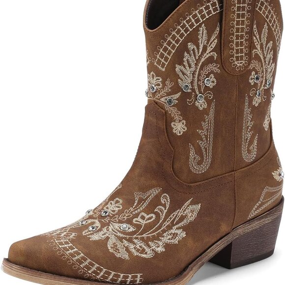 Women's Rhinestone Cowboy Boots Embroidered Short Western Booties - Picture 1 of 6